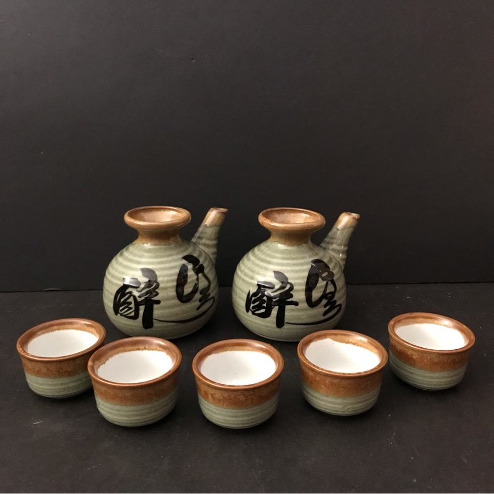 Vintage traditional Hagi-Yagi Pottery with double TEA / SAKE set with 5 tea cups